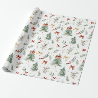 Papier Cadeau Watercolor Christmas Tree & Holly Wrapping Paper