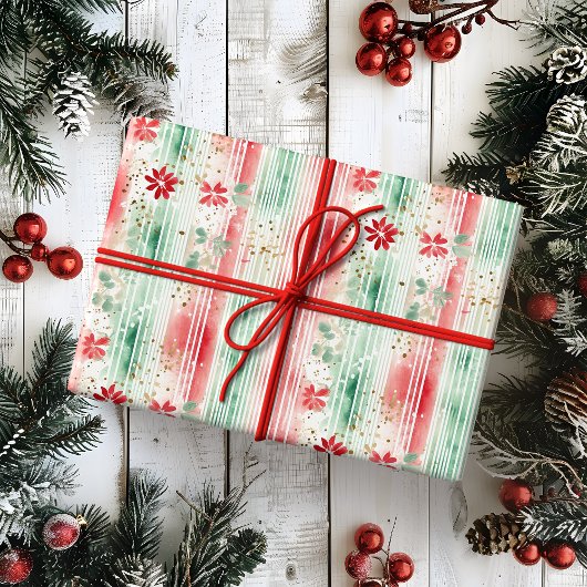 Papier Cadeau Watercolor Floral Striped Holiday