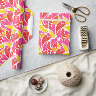 Papier Cadeau Watercolor Hearts Valentines Love Pink Red Yellow