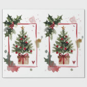 Papier Cadeau Watercolor Holly Berries Christmas Tree Holiday (Plat)