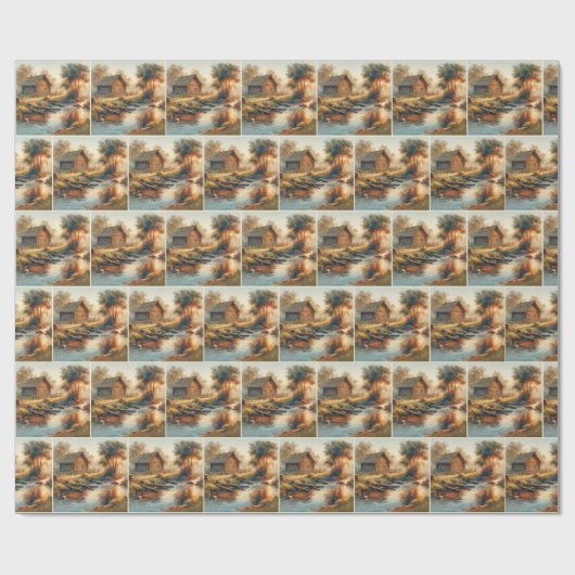 Papier Cadeau Watercolor Log Cabin In Morning Mist (Plat)