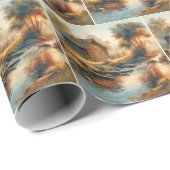 Papier Cadeau Watercolor Log Cabin In Morning Mist (Coin rond)