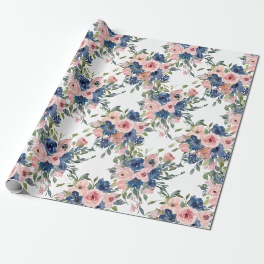 Papier Cadeau Watercolor Navy et Blush Floral (Déroulé)