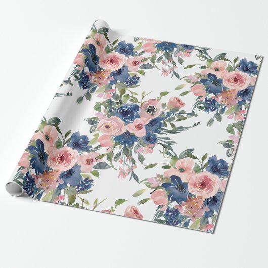 Papier Cadeau Watercolor Navy et Blush Floral (Déroulé)