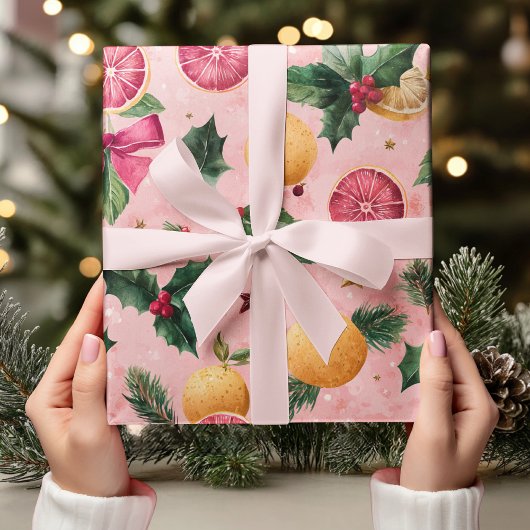 Papier Cadeau Watercolor Pink Citrus Christmas 