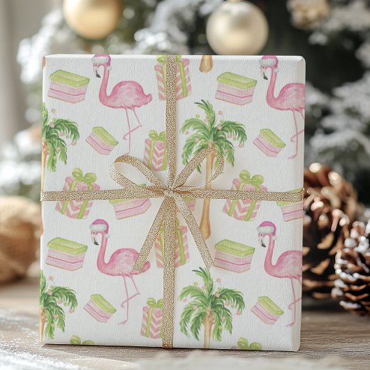 Papier Cadeau Watercolor Pink Flamingo Beach Christmas