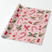 Papier Cadeau Watercolor Pink & Red Christmas Candy Cane (Déroulé)