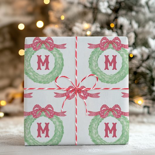 Papier Cadeau Watercolor Red Polka Dot Bow Monogram Wreath