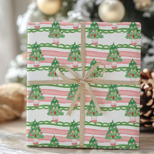 Papier Cadeau Watercolor Whimsical Striped Christmas Trees