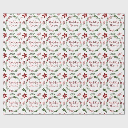 Papier Cadeau Welsh Joyeux Noël Wreath, Nadolig Llawen (Plat)