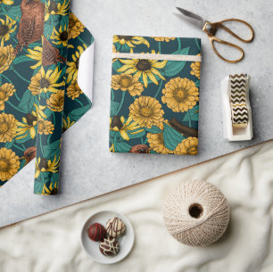 Papier Cadeau Wens et fleurs sur bleu foncé