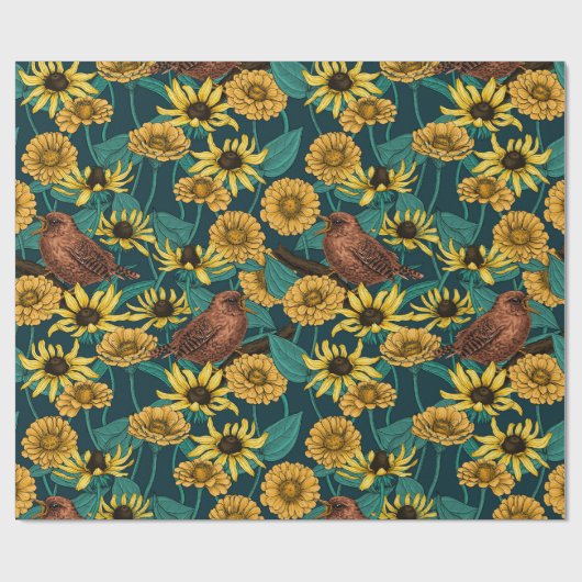 Papier Cadeau Wens et fleurs sur bleu foncé (Plat)