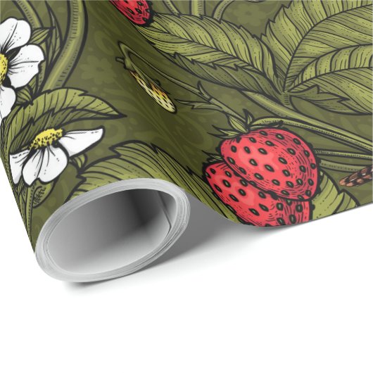 Papier Cadeau Wens et fraises sur vert foncé (Coin rond)