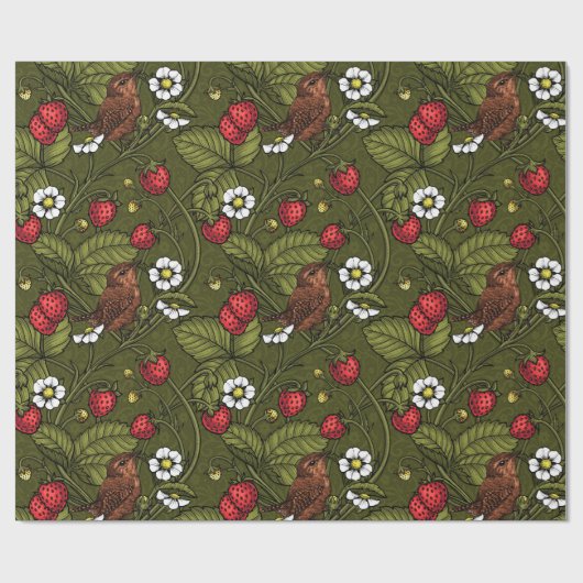 Papier Cadeau Wens et fraises sur vert foncé (Plat)
