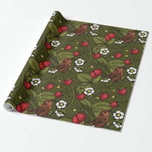 Papier Cadeau Wens et fraises sur vert foncé