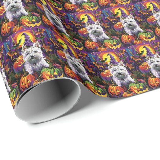 Papier Cadeau West Highland White Terrier Chien Halloween sorciè (Coin rond)