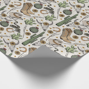 Papier Cadeau Western Americana Laughing Cowboy Skull and Cactus