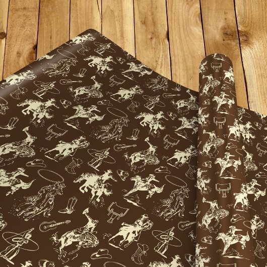 Papier Cadeau Western Cowboy Rodeo Motif Sombre Brown