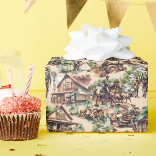 Papier Cadeau Western Ranch ou Country Farm Scène (Fête d'anniversaire)