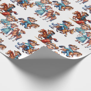 Papier Cadeau Western Rodeo Cowgirl avec des scènes de chevaux e