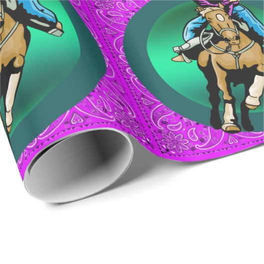 Papier Cadeau Western Rodeo Cowgirl Sur La Course De Baril Cheva (Coin rond)