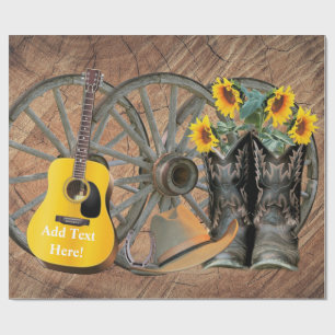 Papier Cadeau Western Wagon Wheel Guitar Cowboy bottes tournesol