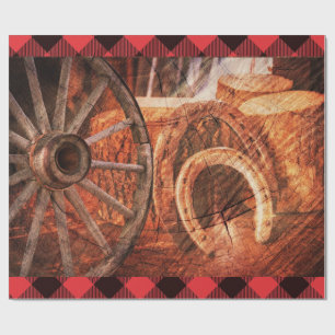 Papier Cadeau Western Wagon Wheel Horseshoes Rustique