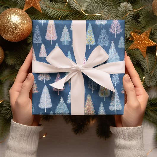 Papier Cadeau Whimsical Blue Christmas Trees Wrapping Paper 