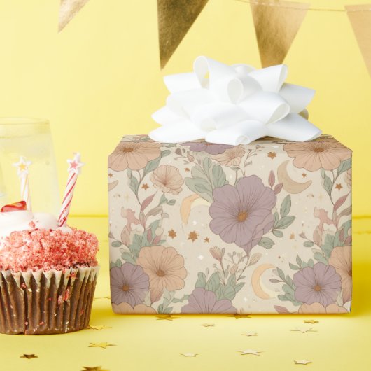 Papier Cadeau Whimsical Boho Floral & Moon Dreamscape (Fête d'anniversaire)