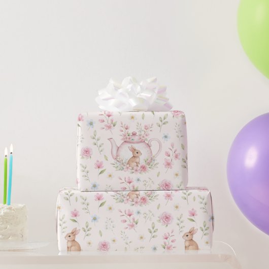 Papier Cadeau Whimsical Bunny Teapot Floral  (Cadeaux de fête)