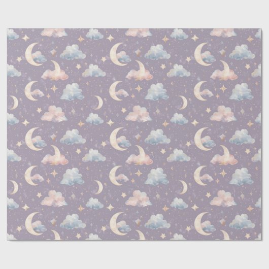 Papier Cadeau Whimsical Celestial Watercolor Moon Stars Clouds (Plat)