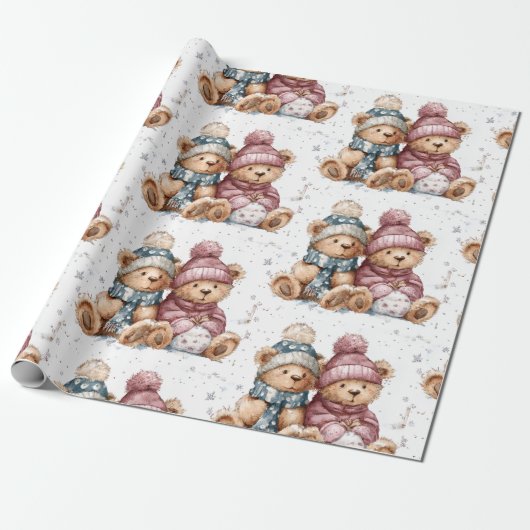 Papier Cadeau Whimsical Christmas Teddy Bears Wrapping Paper (Déroulé)