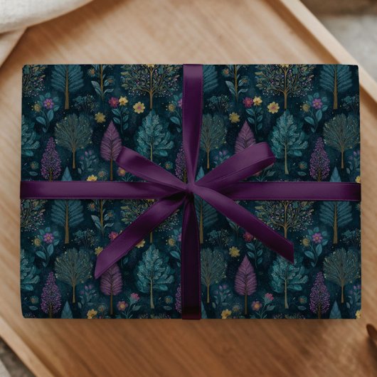 Papier Cadeau Whimsical Christmas Tree Purple and Teal Pattern