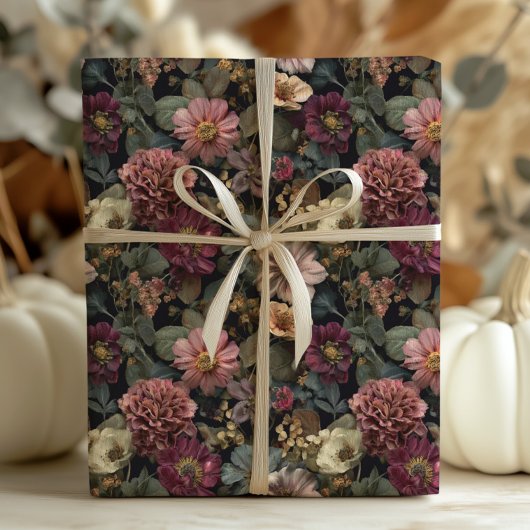 Papier Cadeau Whimsical Dark Moody Boho Floral rose et vert