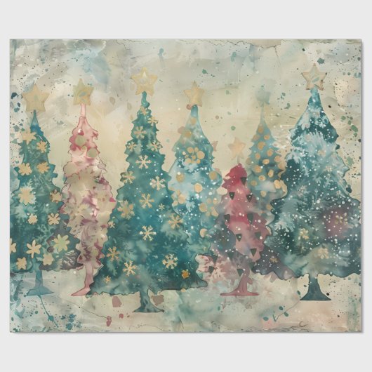 Papier Cadeau Whimsical Green and Red Trees with a touch of Gold (Plat)
