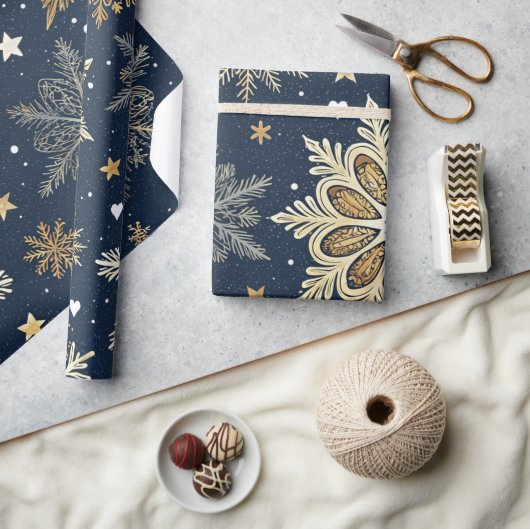 Papier Cadeau Whimsical Modern Navy Gold Snowflakes & Hearts (Artisanat)