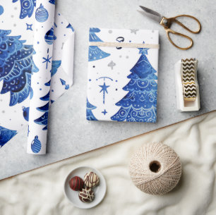 Papier Cadeau Whimsical Moderne Bleu Arbres de Noël