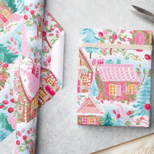 Papier Cadeau Whimsical Pastel Pink Gingerbread Dream Noël