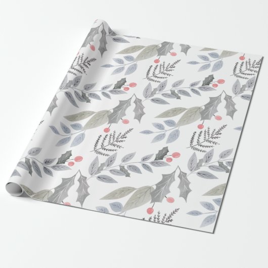 Papier Cadeau Whimsical Vintage Holly Berry Feuilles Noël (Déroulé)