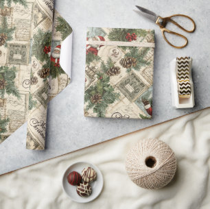 Papier Cadeau Whimsical Vintage rouge vert traditionnel Noël