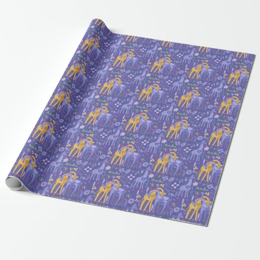 Papier Cadeau Whimsical violet Turquoise Giraffes Jaunes Motif (Déroulé)
