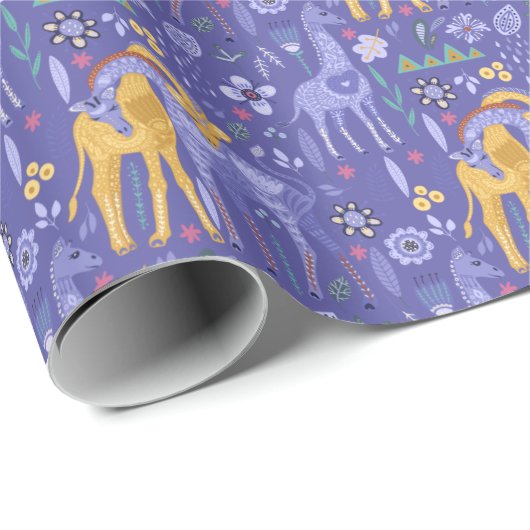 Papier Cadeau Whimsical violet Turquoise Giraffes Jaunes Motif (Coin rond)