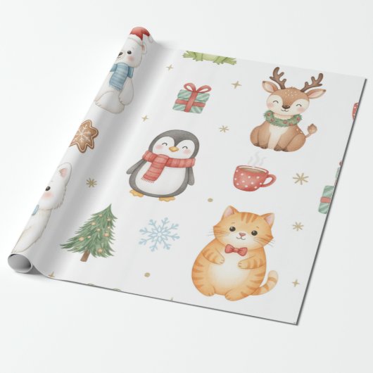 Papier Cadeau Whimsical Winter Critters Christmas Wrapping Paper (Déroulé)