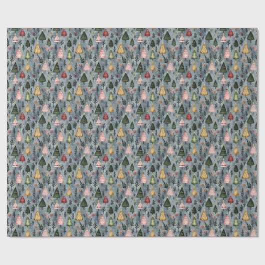 Papier Cadeau Whimsical Winter Forest Christmas Tree Pattern (Plat)