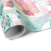 Papier Cadeau Whimssical Pastel Rose Winter Town Christmas (Coin rond)