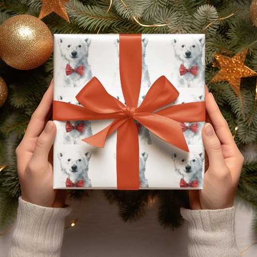 Papier Cadeau White Bear with Red Bow – Christmas Wrapping Paper