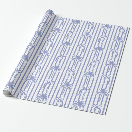 Papier Cadeau White Blue Coastal Palm Trees Bows Stripes Pattern (Déroulé)