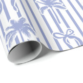 Papier Cadeau White Blue Coastal Palm Trees Bows Stripes Pattern (Coin rond)