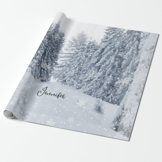 Papier Cadeau White Christmas Forest Snow Winter Wrapping Paper (Déroulé)