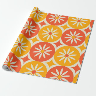 Papier Cadeau White Daises and stars on Orange Yellow circles 